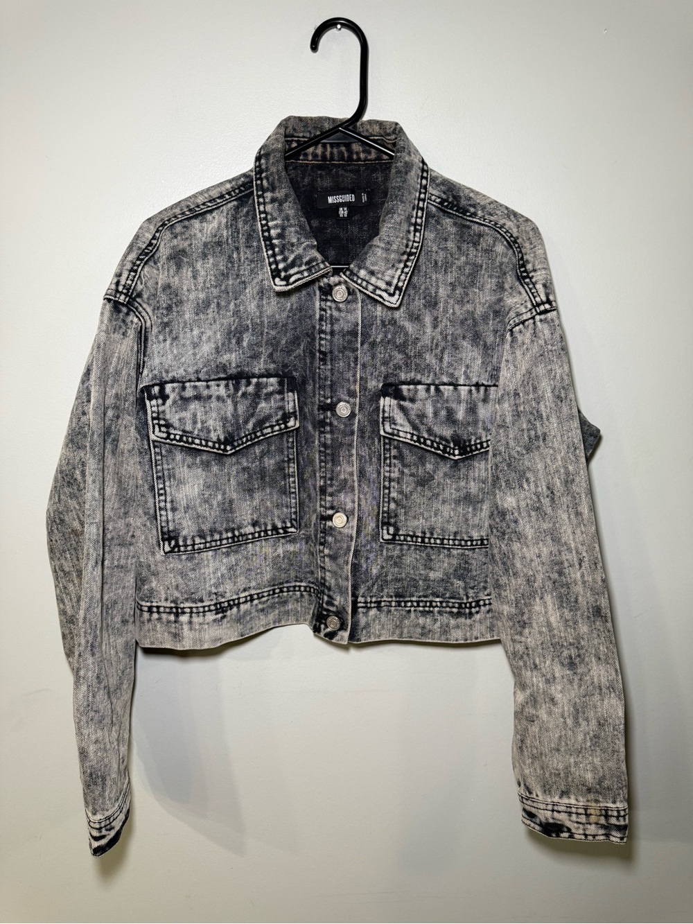 Acid Wash Black Cropped Denim Jacket - Women's